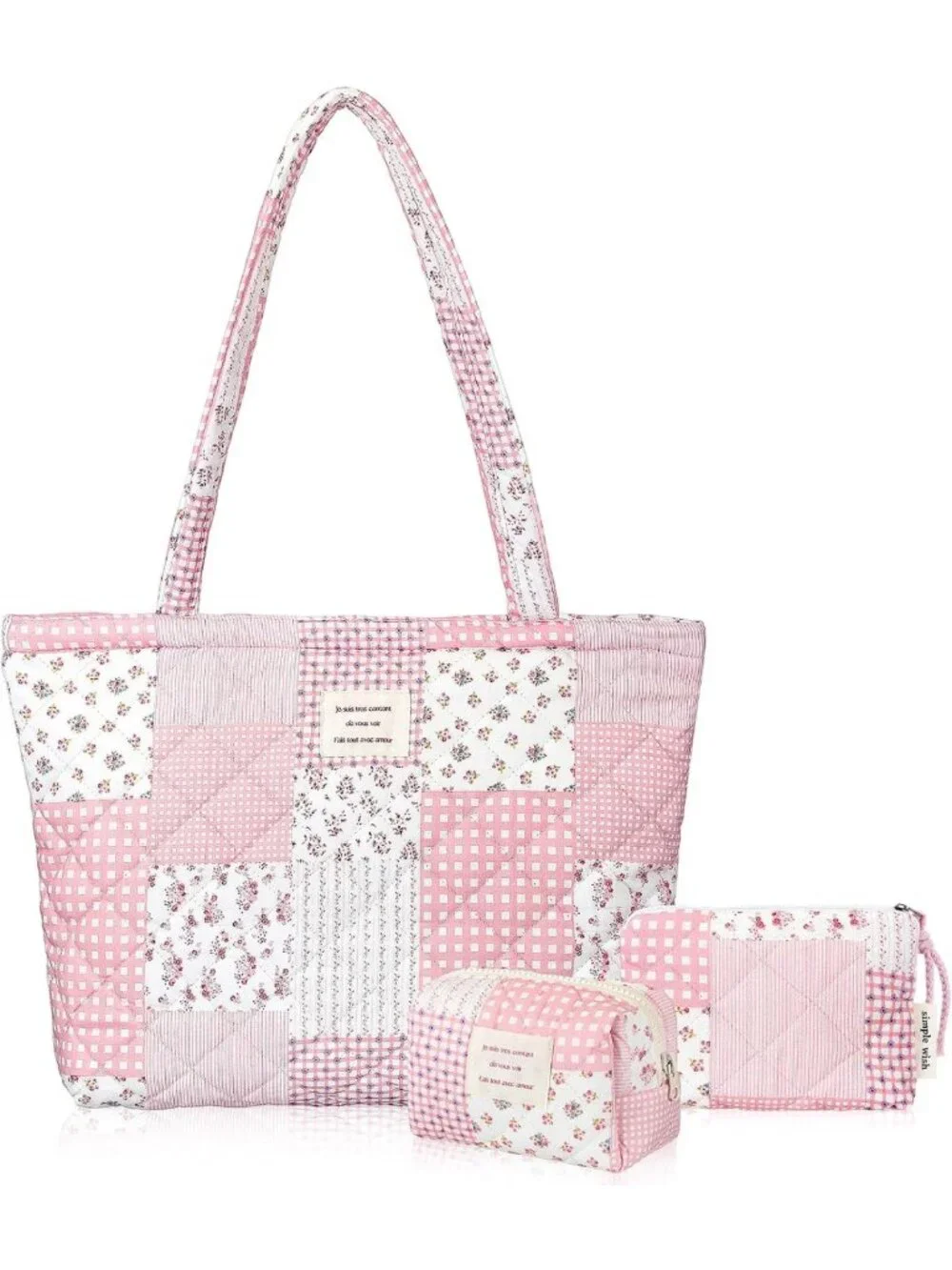 Floral Quilted Bag Set - 3 Pcs Cotton Shoulder Bags & Makeup Pouch for Travel